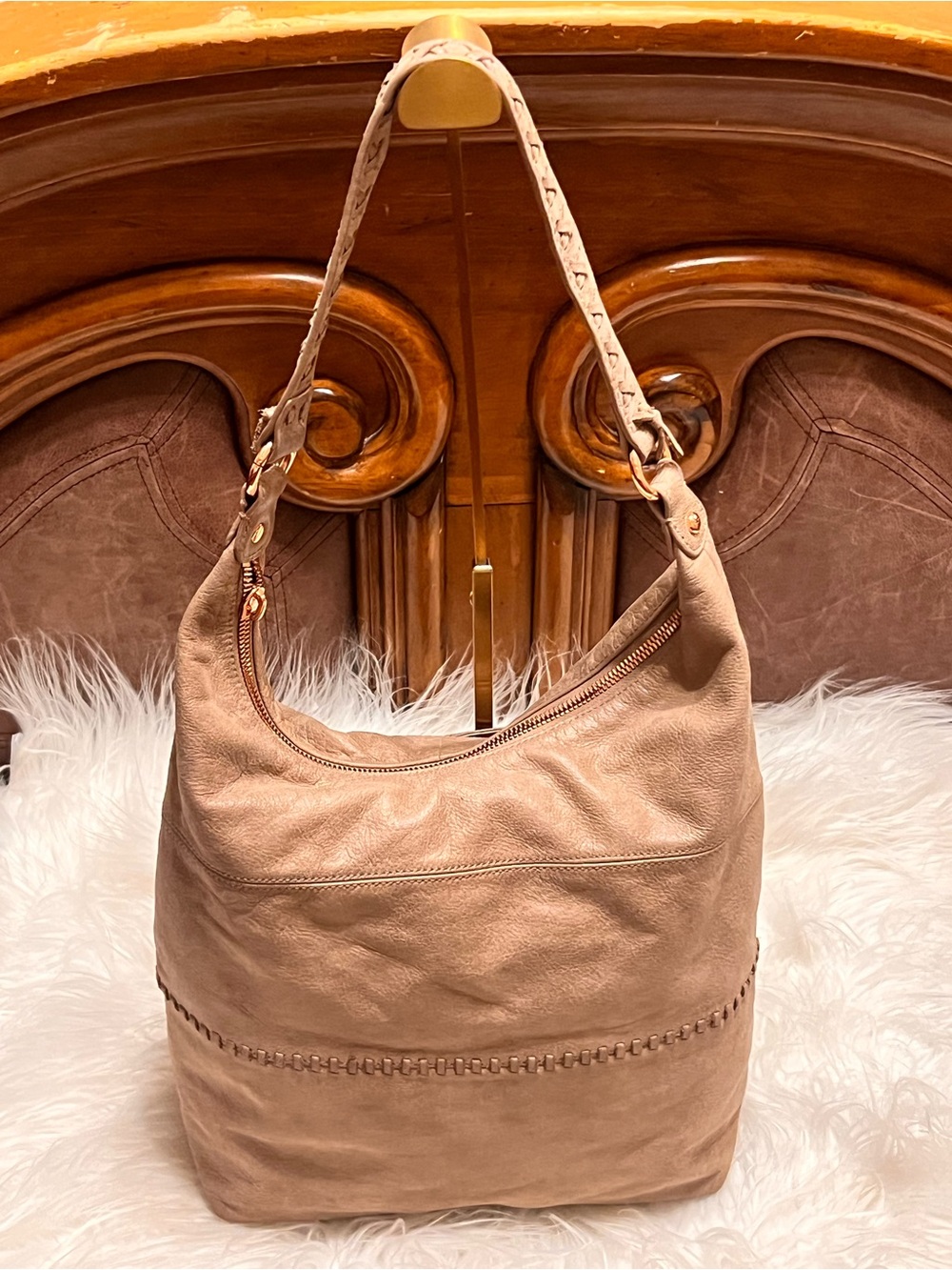 HOBO Taupe Braided-Handle soaf Leather Hobo Shoulder Bag